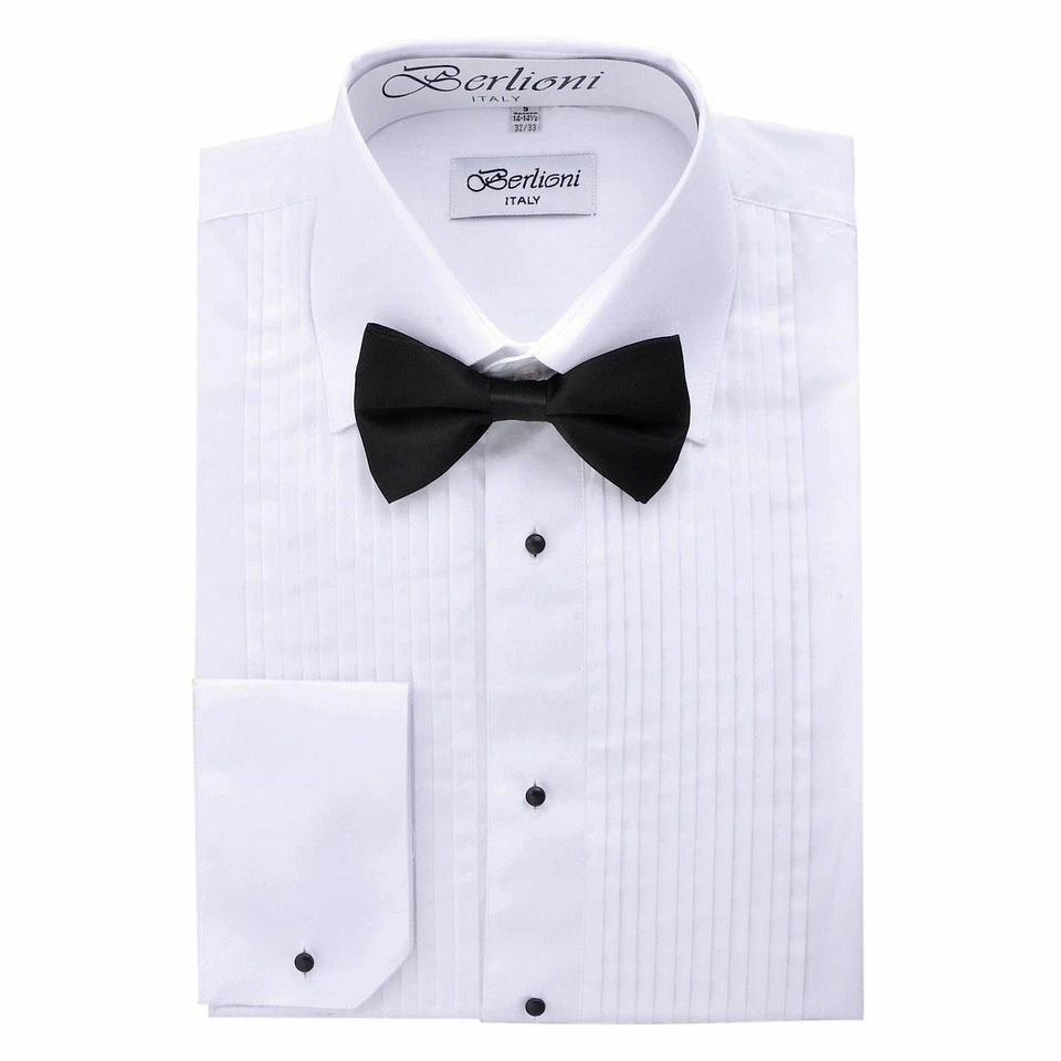 BERLIONI ITALY MEN'S TUXEDO BOWTIE LAYDOWN COLLAR DRESS SHIRT WHITE ALL SIZES - Image 1 of 1