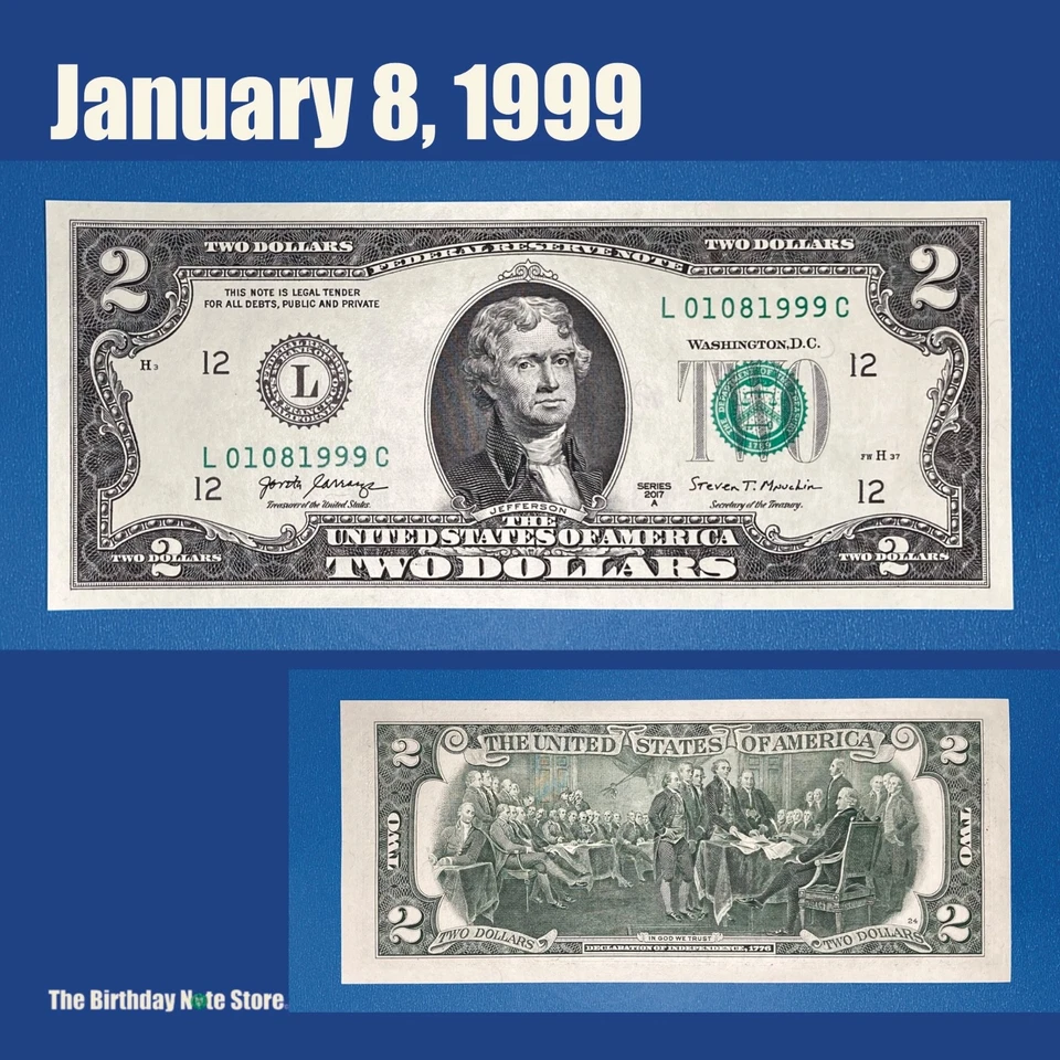 January 8, 1999 Birthday Anniversary $2 Two Dollar Bill Serial Number 01081999 - Image 1 of 2