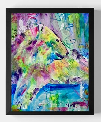 瓜哈多原创表现主义五颜六色的霓虹北极熊 14X11 帆布签名艺术 — 第 1/4 张图片