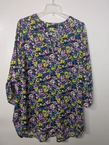 T TAHARI Women's Floral Tunic Blouse 3/4 Roll Tab Sleeve Size 1X V-neck - Picture 1 of 10