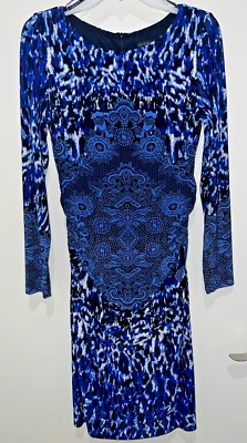 NUEVO SIN ETIQUETAS ~ Vestido David Meister Multicolor AZUL Elastizado Cintura Acanalada Hasta la Rodilla Talla 8 Foto 1 de 4