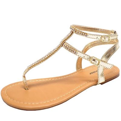 Nuevo Mujer Zapatos Punta Abierta T Correa Sandalias Estrás Informal Fiesta Dorado Verano Foto 1 de 4