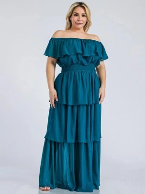 Maxi Vestido Para Mujer Talla Grande Verde Azulado Hombro Frío 2X Acentos Con Volantes Brillo Foto 1 de 2