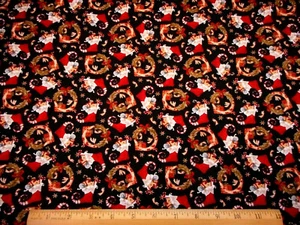 Christmas Fabric By Yard CLEARANCE Vtg Xmas Stocking Wreath Black Cotton #91 #C - Picture 1 of 2