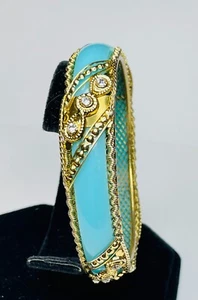 Gorgeous Turquoise Bracelet w/ Gold Filigree Embellishments/ Diamond Rhinestones - Picture 1 of 6