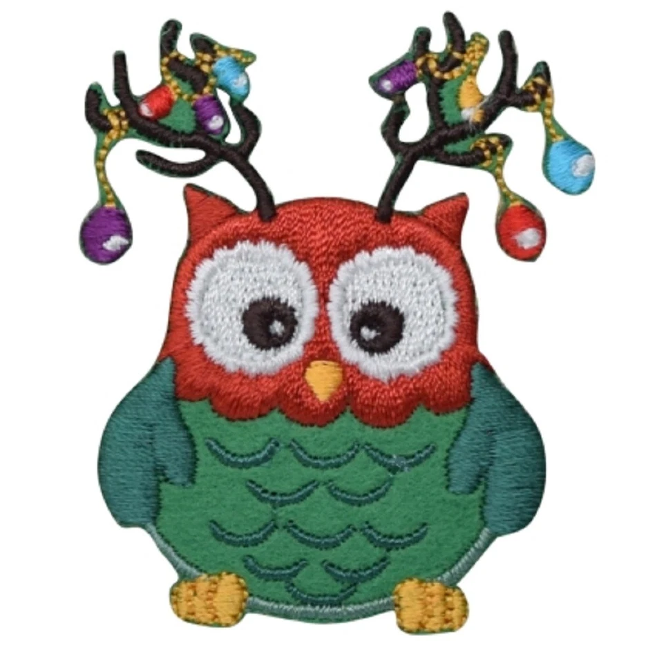 Christmas Owl Applique Patch - Antlers Ornaments Holiday Animal Badge 2-3/8" - Image 1 of 1