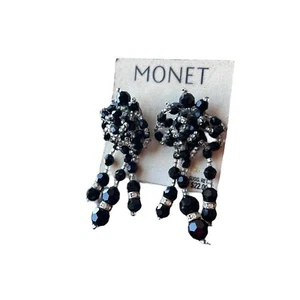 Pendientes en aerosol perforados de borla con racimo de diamantes de imitación de vidrio negro Monet de colección de los años 90 NOS - Imagen 1 de 3