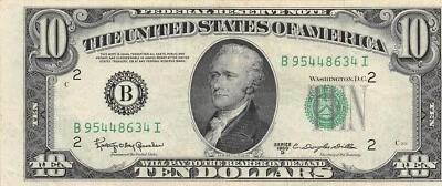 USA / New York  NY  $10  Series of 1950 C  Cut ERROR  Circulated Banknote JJ20 - Image 1 of 2