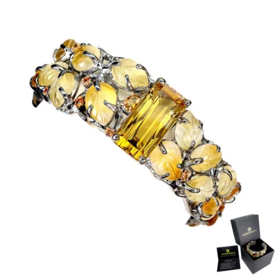 925 Sterling Silver Cuff Bangle Citrine 13 Ct Leaf Carving Handmade - Image 1 of 4