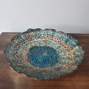 Centerpiece Glass Bowl Scalloped Edge Bubble Peacock Colors Beach House Decor  - Picture 1 of 10