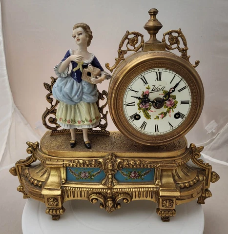 Antique French Ormolu Brass w/ Porcelain Lady Figurine Walt Mantel Clock -HEAVY Cover