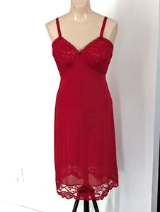 VTG Sans Souci 50s Elegant Red Nylon Full Slip Lace Trim Adjustable Straps 32 S - Picture 1 of 11