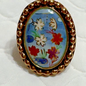 Sz 8.25 Amy Kahn Russel Bronze Hand Painted Flower Statement Ring Floral Blue - Picture 1 of 14