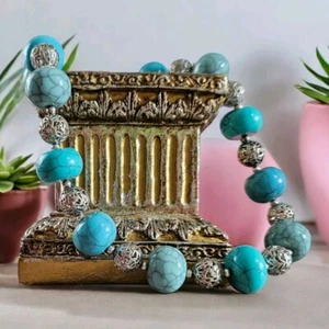 18" Faux Turquoise Necklace Chunky Rondelle Silver-tone Filigree Beads Chaps - Picture 1 of 6