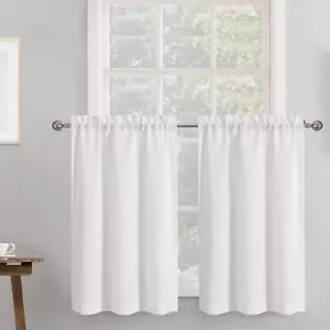 2 Panels White Kitchen Curtains 36 Inch Length Tier Curtains, Faux Linen Texture - Picture 1 of 9