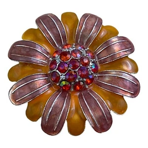 Vintage Flower Amber Red Rhinestones Brooch 2 X 2" Pin Back Clasp - Picture 1 of 7