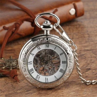 Silver Skeleton Hand Wind Mechanical Pocket Watch Roman Number Pendant Chain - Image 1 of 4