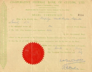Co-operative Federal Bank of Ceylon Colombo Sri Lanka stock certificate share - Picture 1 of 1