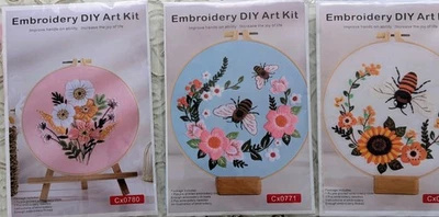 3 x Embroidery kits flowers and bees. pre printed embroidery fabric , threads  - Image 1 of 4
