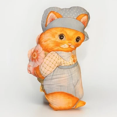 Vintage Cat Pillow Stuffed Plush Orange Kitty Bonnet Blue Dress Cottagecore - Image 1 of 4