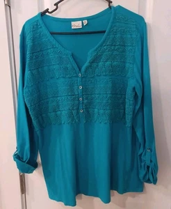 Kim Rogers Top Size XL Aqua Blue V-neck Crochet Detail BOHO 100% Cotton - Picture 1 of 8