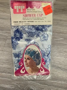 Vintage Tip Top Bouffant Shower Cap NOS in Package Blue Flowers - Picture 1 of 5
