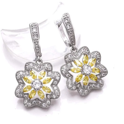 Yellow Sapphire Simulated & CZ Gemstone 925 Silver Flower Earring 1.50" E8 - Image 1 of 4