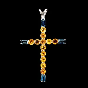 925 Sterling Silver Pendant Octagon London Blue Topaz Citrine Natural Gemstone - Picture 1 of 13