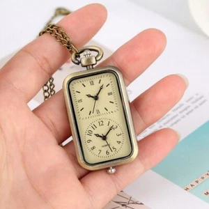 Bronze Dual Time Zone Rectangle Quartz Analog Pocket Watch Necklace Chain Gifts - Picture 1 of 8