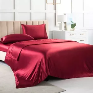 CozyLux Satin Sheets Twin Size - 3 Piece Burgundy Bed Sheet Set - Picture 1 of 4
