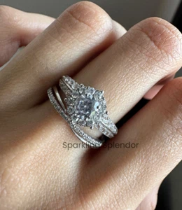 Round Cut Moissanite Cluster Engagement Ring With Matching Wedding Ring Set Her - Picture 1 of 15