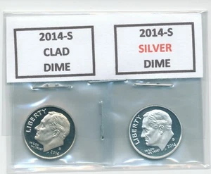 2014-S monedas de diez centavos de plata y revestidos de plata (2 monedas) a prueba - Imagen 1 de 2