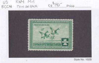 MATT'S STAMPS US SCOTT #RW4 $1 DOLLAR 1937 FEDERAL DUCK STAMP, MH, CV$140 - Image 1 of 2