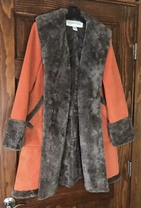 DONCASTER ORANGE FAUX SUEDE COAT BROWN FAUX FUR LINED W/ POCKETS SZ 8 - Picture 1 of 14