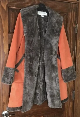 DONCASTER ORANGE FAUX SUEDE COAT BROWN FAUX FUR LINED W/ POCKETS SZ 8 - Image 1 of 4