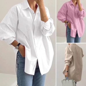 Womens Long Sleeve Plain Lapel Shirts Formal School Business Oversized Tops Tee - Picture 1 of 15