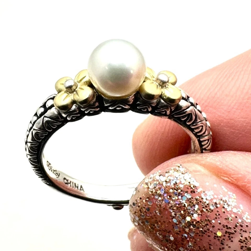 Anillo Barbara Bixby Mujer Banda Perla Blanca Plata de Ley Oro 18K Talla 8 Foto 1 de 3
