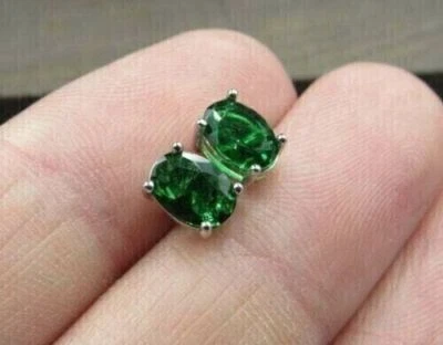 Women's Stud Earrings 3.0Ct Oval Cut Created Green Emerald 14K White Gold Finish - Image 1 of 3