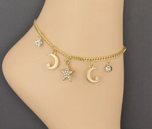 gold moon star anklet charm dangle pendant adjustable ankle bracelet dangly - Picture 1 of 11