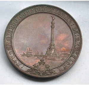 BARCELONA INAUGURATION MONUMENT CHRISTOPHER COLUMBUS COPPER MEDAL 1888 - 80mm - Picture 1 of 3