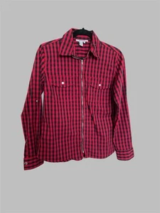 TRACY M Camicia Donna Media Plaid Rosso Rotolo Tab Manica Lunga 100% Cotone Zip - Foto 1 di 4