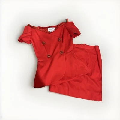Arnold Scaasi Vintage Skirt Set Red 100 Cotton Off Shoulder Size 4 Nanny 1990s - Image 1 of 4
