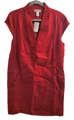 Neiman Marcus Red 100% Linen Shift Dress L NWT Classic V-Neck Summer Work  - Image 1 of 4