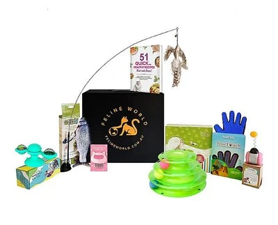 NEW Feline World 7 Piece Toy Box Inc Roley Grooming Mitt & Comb Teaser Bird - image 1 of 4