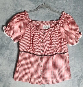 ​Blusa Landhaus Red Gingham Dirndl Reino Unido 14 EUR 42 Trachten Top Manga Abullonada Algodón - Imagen 1 de 6
