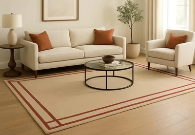 Minimalist Beige Area Rug With Rust Colour Border Modern Hand-Tufted Wool Carpet - Image 1 of 3