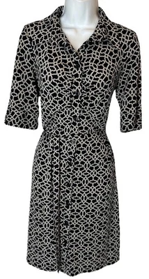 Vestido Camisa Laundry Shelli Segal 8 M Negro Blanco Tostado Dorado Cinturón Botón Frontal Foto 1 de 4