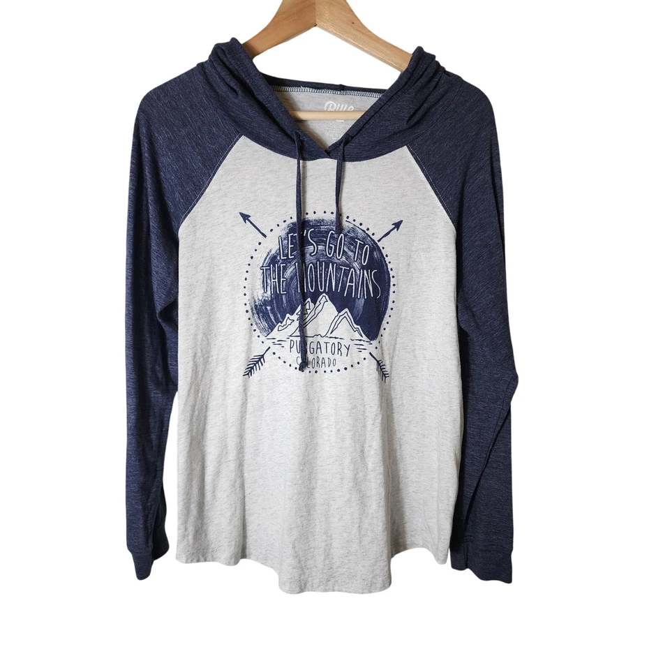 PURGATORY COLORADO Let's Go to the Mountains Sudadera con Capucha Azul Gris Ligera Talla M  Foto 1 de 4