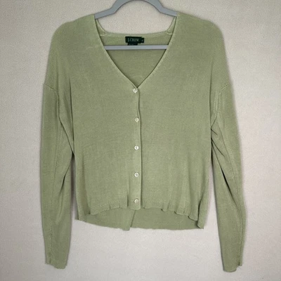 J. Crew Cardigan 毛衣 L 100% 真丝绿色弹力优雅经典 90 年代复古 — 第 1/4 张图片