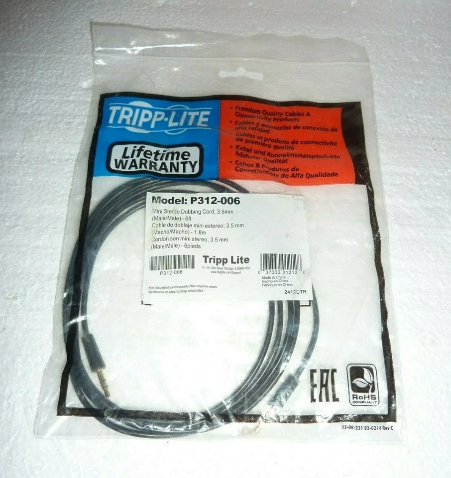 New in Package Tripp Lite 3.5mm Mini Stereo Audio Cable (M/M) 6-ft P312-006 S-31 - Image 1 of 3
